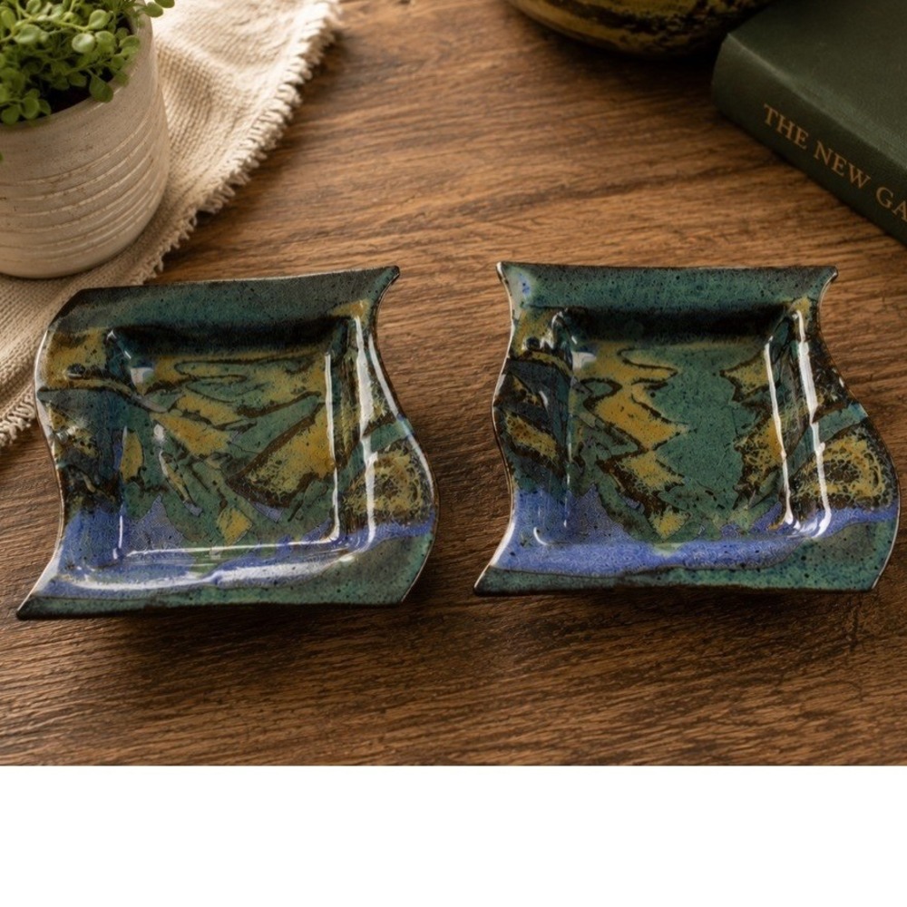 Doe Ridge Pottery Boone NC Set of 2 Sq Curved Trinket Dish Reactive Glaze Teal